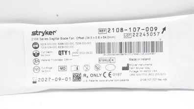 Stryker 2108-107-009 2108 Series Sagittal Blade Fan, Offset, 34.5 x 0.8 x 64.0mm